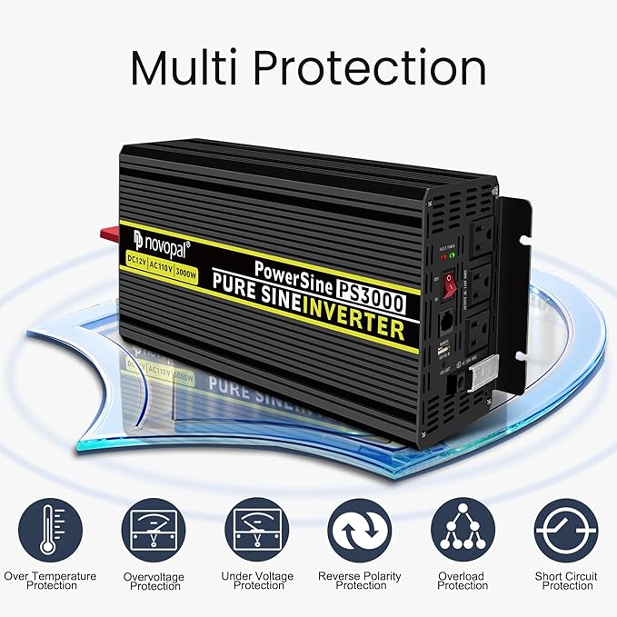 NOVOPAL 3000 watt Pure Sine Wave Inverter, 12V DC to 110V/120V AC Car Power Converter, DC-AC Power Inverter with 3 Outlets, High-Power Terminals - 16ft Remote Control, LCD Display.