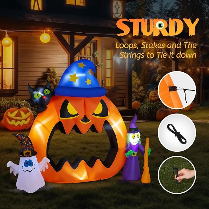 AW 6.9 FT Halloween Inflatables Outdoor Decoration,Blowup Yard Decorations,Giant Scary Pumpkin Jack-O-Lantern Open Mouth,Ghost Witch Cat,Build-in LED Lights Yard Lawn Party Arch 2025