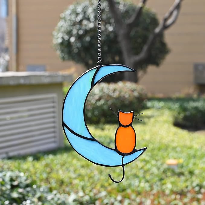 Cat Decor Stained Glass Moon Decor Window Hanging Ornament Garden Suncatcher Gifts for Cat Lover for Women Memorial Gifts Cat Gift (Orange Cat on Blue Moon)