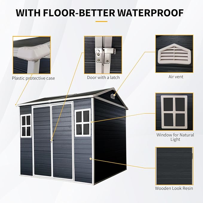 8x6 FT Resin Outdoor Storage Shed with Floor, Windows & Lockable Doors Waterproof All-Weather Garden Shed for Backyard, Patio, and Lawn Equipment Storage, Grey