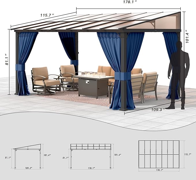 Gotland 10FTx14FT Outdoor Wall Mounted Hardtop Pergola, Metal Frame Gazebo with Sloping Sun Panel Roof and Double Curtains for Patio, Garden, Lawn, Navy