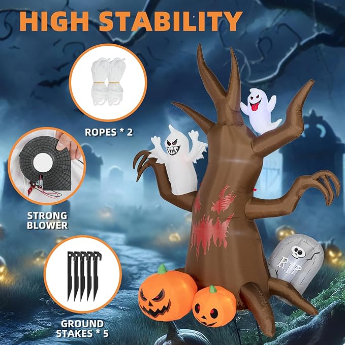 8FT Halloween Inflatable Scary Tree Decorations Outdoor,Halloween Blow Up Yard Decorations Built-in LED Lights,Party Decorations,Giant Haunted House Decor,for Garden/Lawn/Yard