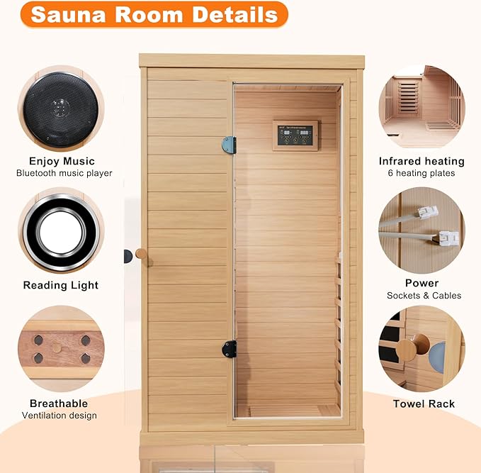 1 Person Infrared Sauna for Home, 1050W Low EMF Indoor Sauna Spa, Canadian Hemlock Home Sauna with Control Panel and Rapid Heating, Bluetooth Speaker, Right Side