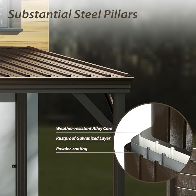 Domi 10'x12' Wall Mounted Hardtop Gazebo, Connectable Lean to Pergola with Gutters & Galvanized Steel Roof, 60MPH Wind Resistance, Outdoor Heavy Duty Metal Awning for Patio, Deck, Backyard - Brown
