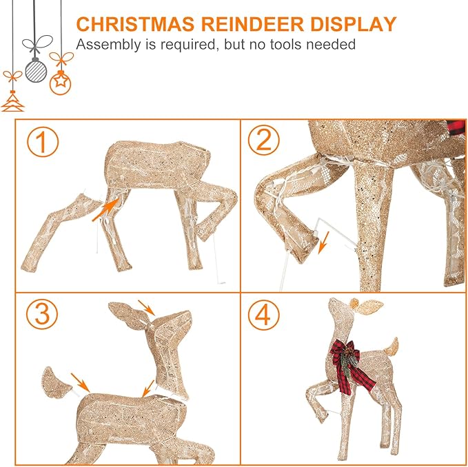 2 Pcs Reindeer Christmas Decoration, Xmas Lighted Golden Shimmering Doe and Fawn Display Set with 105 Warm White Lights for Yard Lawn Indoor Outdoor
