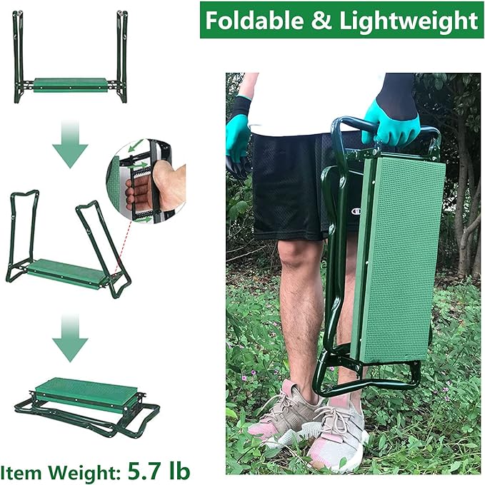 BESTHLS Garden Kneeler and Seat Upgraded Sturdy Garden Folding Bench with 2 Portable Large Tool Pockets and Garden Gloves Soft EVA Foam Pad for Gardening Lovers