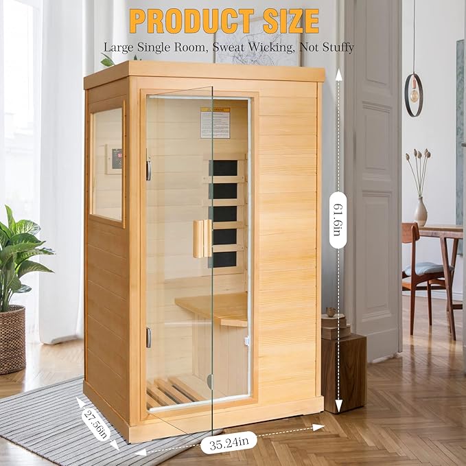 Far Infrared Sauna Home Sauna Spa Room Canadian Hemlock Wood 800W Indoor Saunas Low EMF 110V with Control Panel and Tempered Glass Door, Room: 35.2 * 27.6 * 61.6Inch