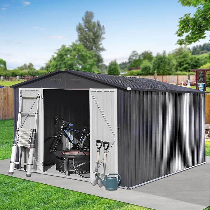 10x12 FT Metal Outdoor Storage Shed & Double Hinged Large Door - Heavy-Duty Shed with Floor, Lockable & Ventilation - Rainproof Windproof Large Utility Garden Shed for Backyard Patio Lawn-Dark Gray