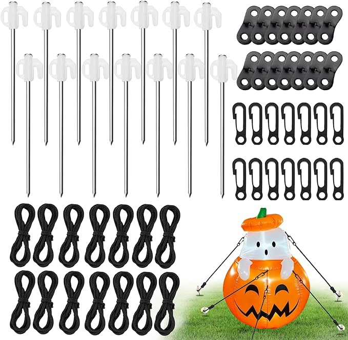 14 Pieces Halloween Metal Inflatable Stakes and Tethers Set, Heavy Duty Inflatable Stakes, Yard Ground Lawn Ground Stake for Halloween Christmas Yard Inflatables