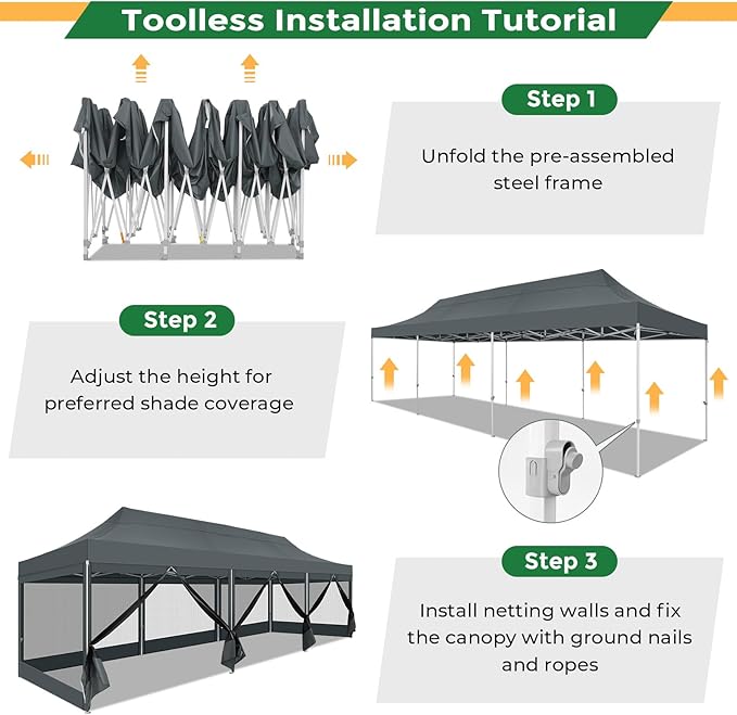 COBIZI 10x30 Heavy Duty Pop Up Canopy Tent with 8 Sidewalls, Commercial Gazebo Party Tent with Mosquito Netting Wall Easy Set Up Outdoor Instant Screen Tent for Backyard, Patio, Garden, Gray