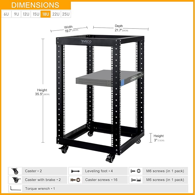 RIVECO 18U Open Frame Server Rack with Brake Casters- Heavy Duty 4 Post Quick Assembly 19-inch Rack Network Durable Black