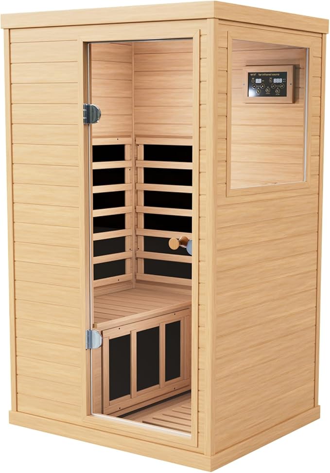 Infrared Wooden Sauna 1 Person Infrared Saunas for Home Dry Sauna for Home,Low Emf Infrared Sauna 1050W Indoor Saunas,Traditional Sauna,Bluetooth Speakers, Reading Lamps,Room:63 * 28.74 * 36.61Inch
