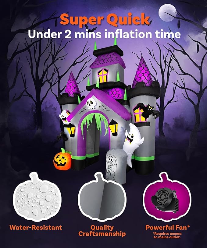 12FT Tall Halloween Inflatable Haunted House Castle, Halloween Blow Up Haunted House Inflatables Built-in 12 Bright LEDs for Halloween Inflatable Outdoor Yard Lawn Garden Decoration