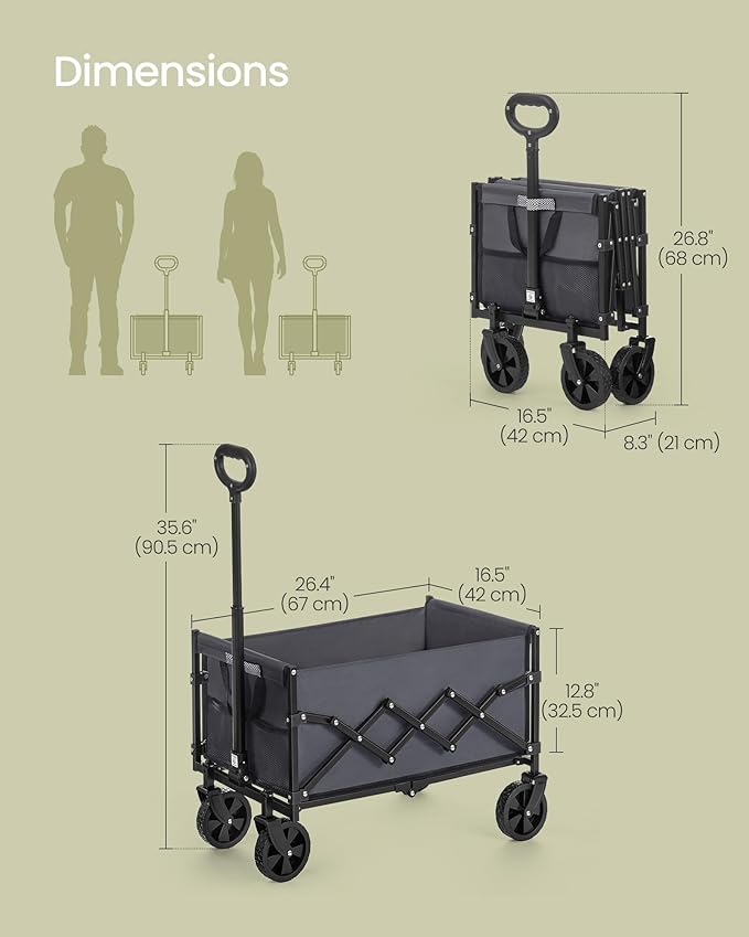 SONGMICS Small Collapsible Wagon with 400 lb Dynamic Weight Capacity, Foldable Wagon Cart, Folding Camp Cart with Wheels, for Outdoor, Yard, 90 L, Slate Gray UGFW909G01