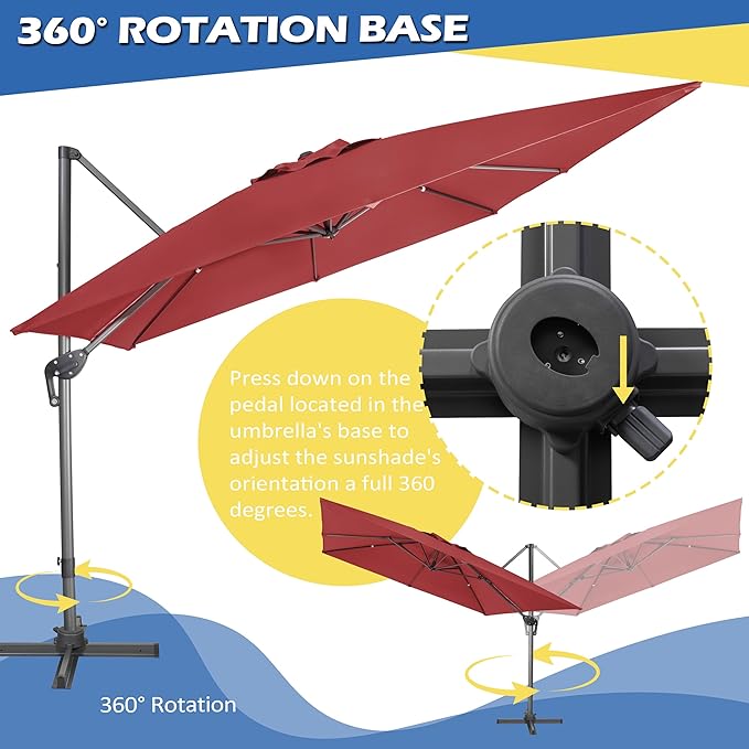 Sunnyglade 10x10Ft Cantilever Patio Umbrella Square 360° Rotation & Integrated Tilting System Offset Umbrella with 8 Sturdy Ribs, Fade-resistant & Waterproof for Garden Backyard Poolside Deck