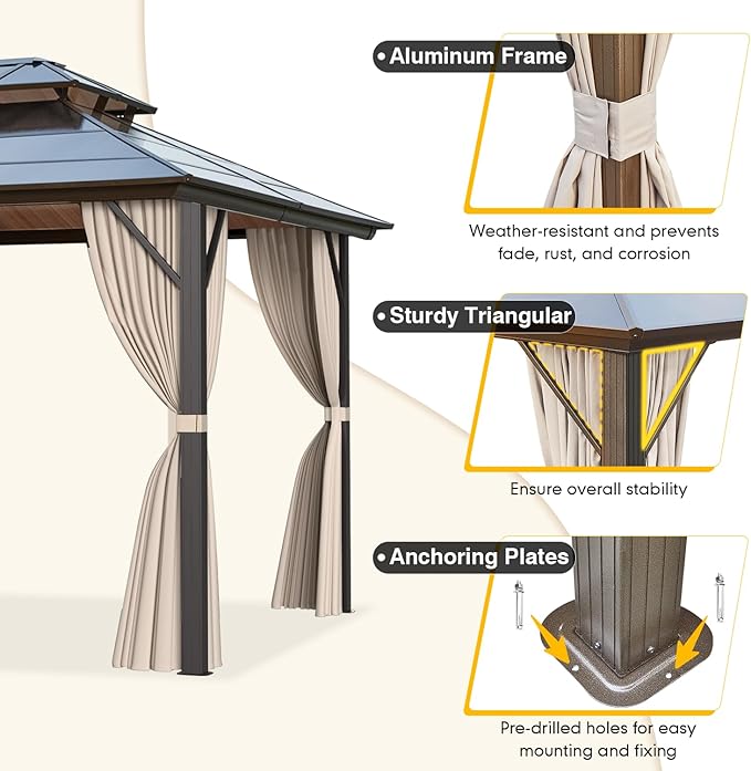 MELLCOM 10'x13' Hardtop Gazebo with Polycarbonate Double Roof, Aluminum Frame Outdoor Gazebo Permanent Pavilion with Curtains and Netting for Patio, Lawn & Garden
