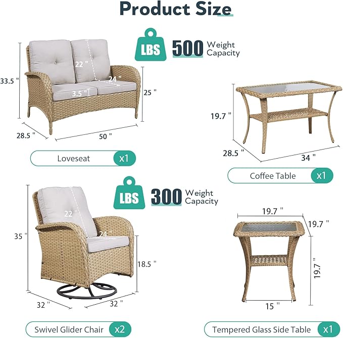 5 Piece Patio Furniture Set - Wicker Patio Conversation Set with Swivel Glider, Loveseat Bench, Tempered Glass Side Table and Coffee Table for Deck Backyard - Yellow Wicker Beige Cushion
