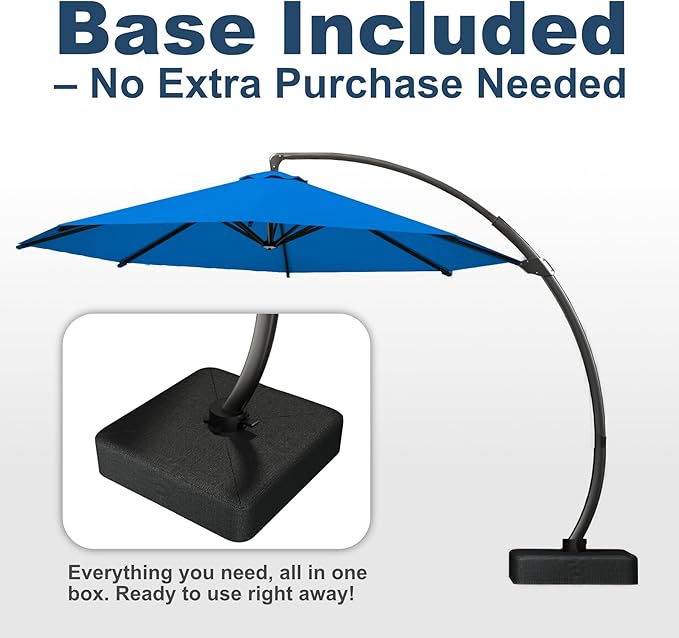 12FT Cantilever Umbrella with Base Large Curvy Outdoor Aluminum Offset Umbrella w/ 360° Rotation, UV Resistant Canopy for Patio, Garden, Backyard, Royal Blue