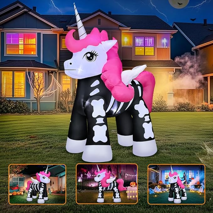 5FT Halloween Inflatables Decoration Outdoor, Halloween Blow up Outdoor Decoration, Built in LED Lights Skeleton Unicorn Decorations for Party, Indoor, Outdoor, Garden, Yard Lawn Décor