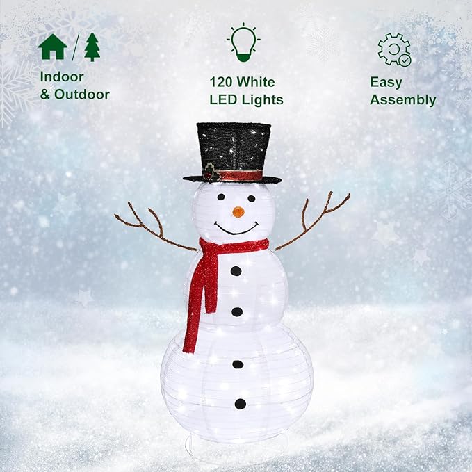 Outvita Outdoor Christmas Decorations 4ft Lighted Snowman, White Snowman with Twinkle Lights Red Scarf Black Hat, Foldable Snowman for Xmas Indoor and Outdoor Garden, Yard Decor