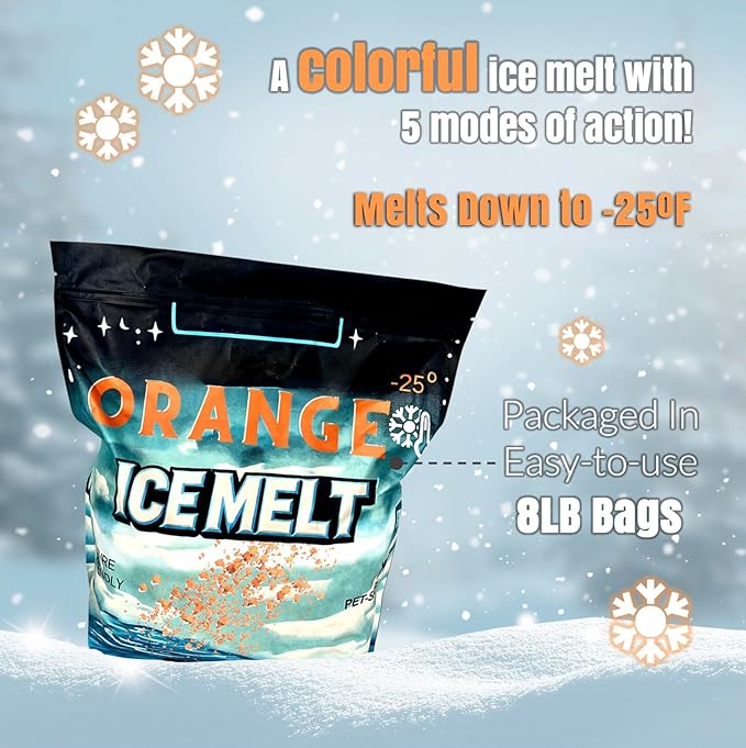 Ice and Snow Melt 8 lb Bag CMA Blended Magnesium Chloride Ice Melter Effective Snow and Ice Removal Effective Below Zero Degrees (Orange)
