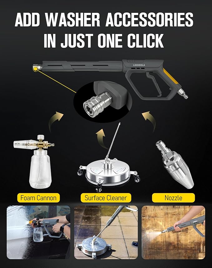 LidoDola 5000 PSI Pressure Washer Gun with Swivel - High Power Washer Gun with 3/8" Male Plug, 5 Nozzle Tips,Features 3 Selectable Lengths,Ergonomic Grip for Car/Driveway/Industrial Cleaning