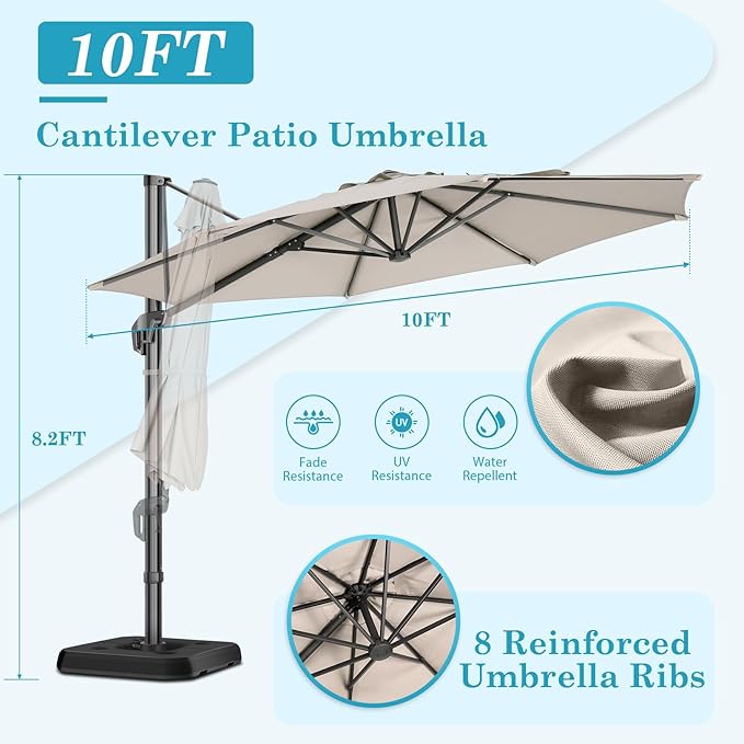 HOTIME10ft Patio Umbrella Cantilever Umbrella - Upgrade and Intensify - with 360 Rotation and 5 Angles Adjustment - Aluminum Offset Pool Umbrella Square Outdoor Umbrellas for Patio Garden Deck Pool