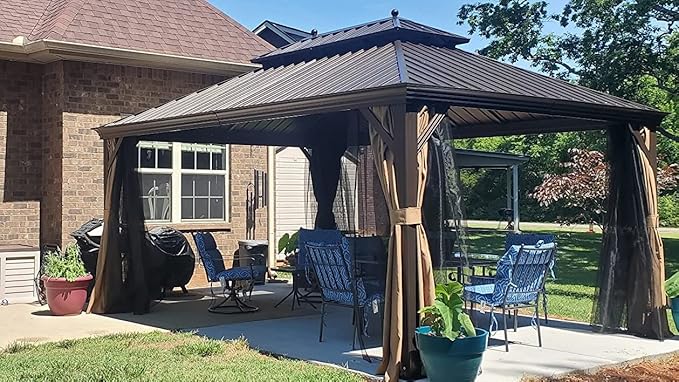 YOLENY 12' x 16' Hardtop Gazebo with Galvanized Steel Double Roof, Pergolas Aluminum Frame, Netting and Curtains Included, Metal Outdoor Gazebos for Garden, Patios, Lawns, Parties
