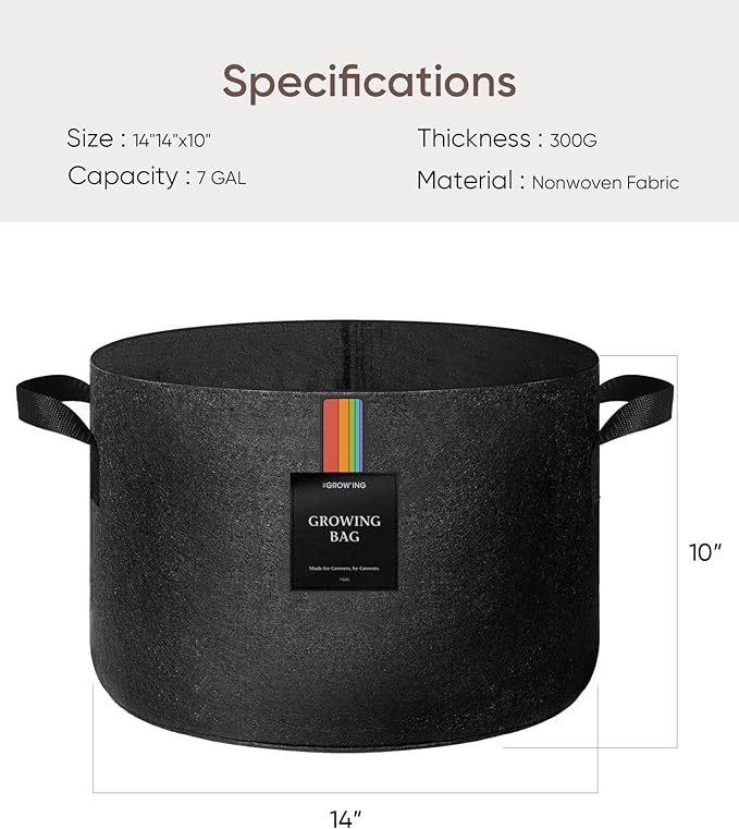 The Growing 5 Pack 7 Gallon Fabric Grow Bags，Thickened Aeration Nonwoven Fabric Plant Pots with Durable Handles,Heavy Duty 300G Planter Pot for Tomato, Fruits, Vegetables and Flowers, Black