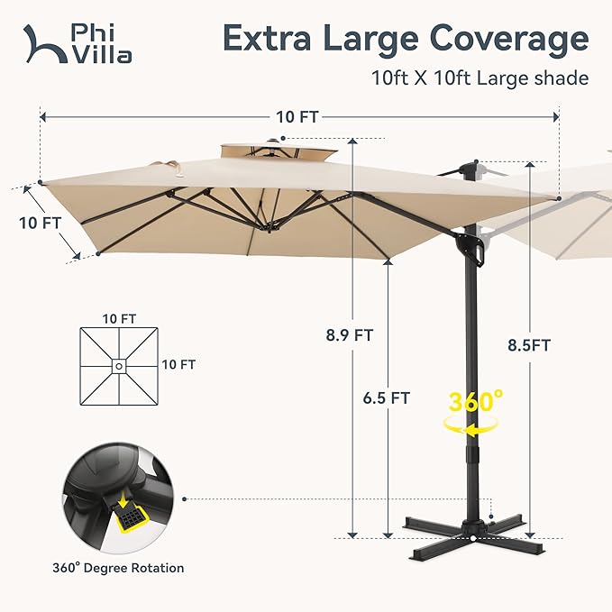 PHI VILLA 10ft Cantilever Patio Umbrella,Outdoor Large Square Umbrellas with 360°Rotation, Heavy Duty Hydraulic Double Umbrella Windproof for Outside, Pool, Deck, Garden, Porch, Beige(No Base)