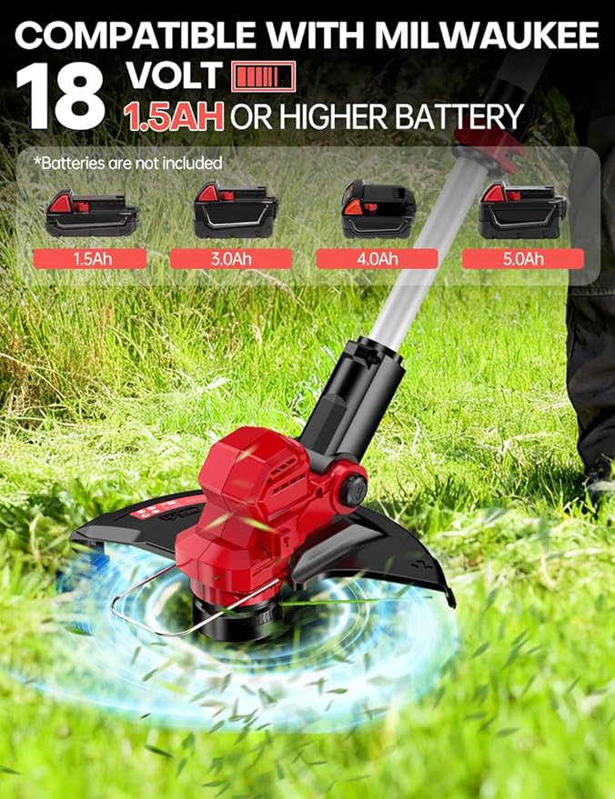 Cordless Weed Wacker, for Milwaukee M18 Battery, 3 IN 1 Battery Powered Weed Eater & Edger & Mower with Auto Line Feed, 20000 RPM 12 Inch Brushless Grass Trimmer, 6 Line Spools String Trimmer for Lawn