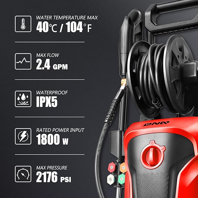 DNA MOTORING TOOLS-00229 Up to 2176 PSI Pressure 2.4 GPM Max Flow Electric Pressure Washer for Yard and Car Cleaning with Spray Nozzle Foam Bottle + 4 Turbo Nozzles IPX5 Driveway Patio Deck(Red)