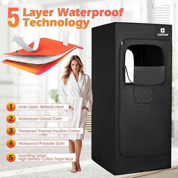 COSVALVE Portable Steam Sauna Box with Red Light for Home with 1200W 3L Steamer, Comfort Folding Chair, Indoor at Home Sauna Tent, Personal Steam Room for Relaxation, 2.6' x 2.6' x 5.9', Black