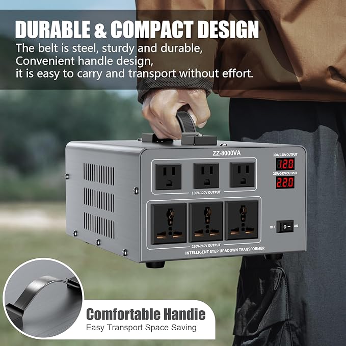 8000W Voltage Auto Converter Transformer, Heavy Duty Step Up/Down Power Converter 110/120/220/240V with 3 US Outlets,3 Universal Outlets,LED Display,w/US Standard Power Cord Circuit Breaker Protection