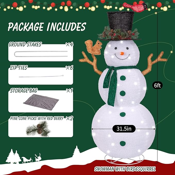 NALONE 6 FT Christmas Lighted Snowman with 200 LED Lights & Timer, Collapsible Snowman Christmas Decorations Outdoor Yard Home, Fluffy Snowman with Bird & Squirrel(6FT)
