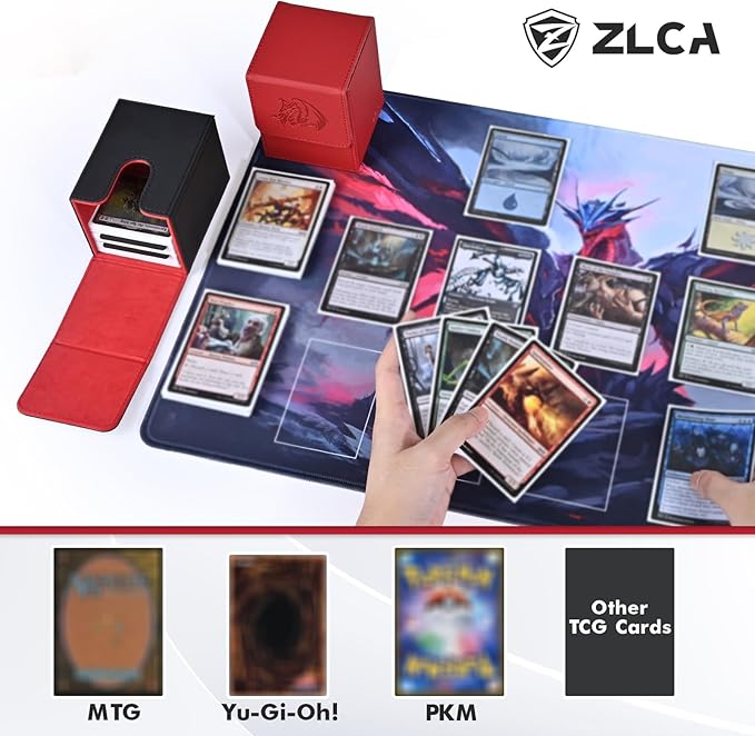 ZLCA Card Deck Box for Trading Cards with 2 Dividers, Card Storage Box Fits 100+ Single Sleeved Cards, PU Leather Strong Magnet Card Deck Case Holder for Magic Commander TCG CCG （Red,Emperor Dragon）