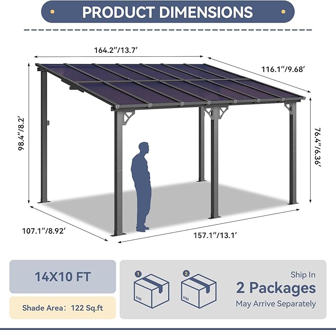 10x14FT Lean to Gazebo, Hardtop Metal Pergola with Polycarbonate Roof, Large Wall Mounted Heavy Duty Awnings, Patio Canopy for Backyard, Deck, Porch