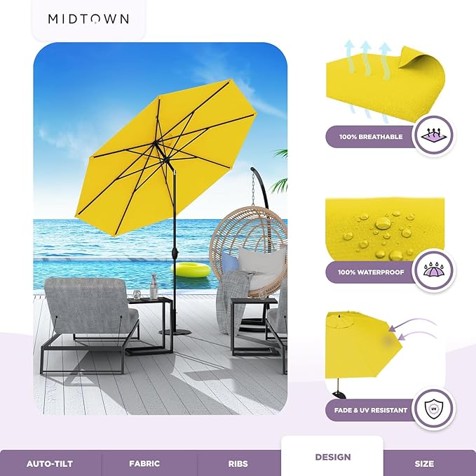 Midtown Umbrellas 10-Year-No-Fade - 10 Ft - UV Proof Yellow Polyester Fabric - Umbrella Outdoor Patio, Aluminum Frame Large Patio Umbrella for Garden, Pool & Deck - Black Pole