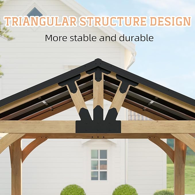 10x12 ft Wood Gazebo, Hardtop Gazebo with Galvanized Steel Peak Roof, Outdoor Pavilion for Snow Support, Wind Resistance, UV Protection, Shade for Garden, Patio, Deck