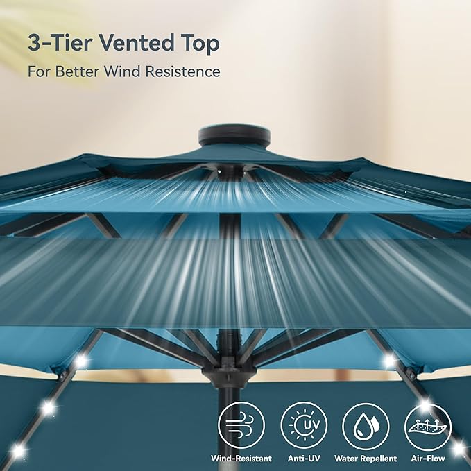 PHI VILLA 10ft Patio Umbrella with Solar Lights, Outdoor 3 Tier Vented Large Market Table Umbrella for Lawn Poolside Garden Terrace, Peacock Blue & Cerulean (No Base)