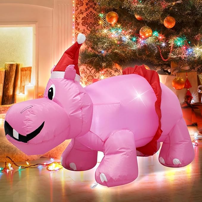 Christmas Inflatable Hippo 3.5ft Outdoor Decoration, Blow up Cute Pink Hippopotamus in Santa Hat and Red Dress with LED Lights, Suitable for Lawn Garden Party Holiday Easter Spring Decoration