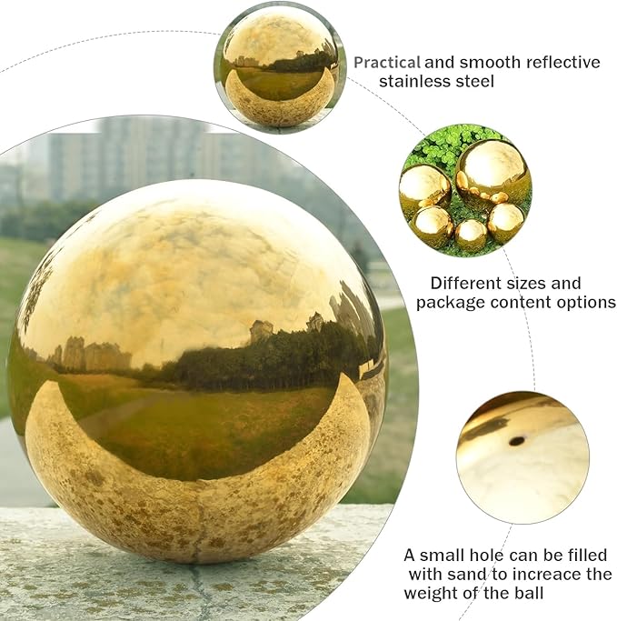 Nerien 6 Inch Gazing Ball, Stainless Steel Garden Mirror Globe, Polished Ornament Sphere, Hollow Floating Reflective Hemisphere, Home Outdoor Pond Housewarming Swimming Pool Decoration Gifts, Gold