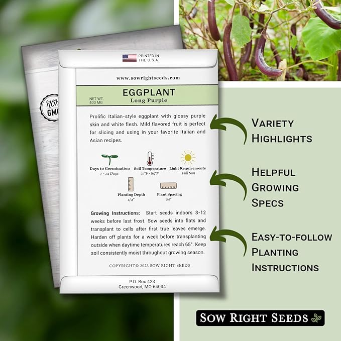 Sow Right Seeds - Long Purple Eggplant Seeds for Planting - Non-GMO Heirloom Packet with Instructions to Plant an Outdoor Home Vegetable Garden - Grow This Chinese Variety Indoors or Outdoors (2)