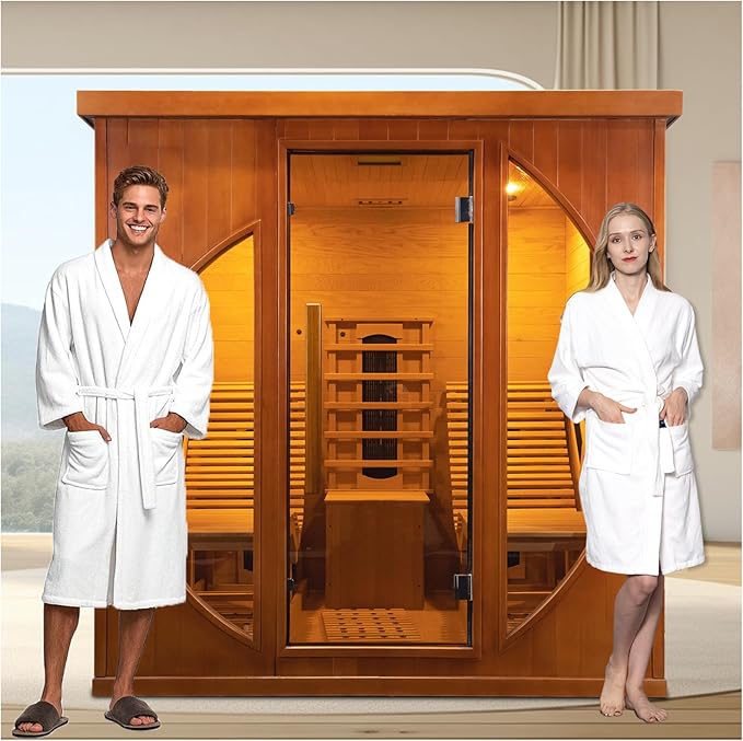 Smartmak Full Spectrum Infrared 2 Person Sauna Room, Red Light Therapy Luxury Wood Home Sauna with Recliner, Canadian Red Cedar Indoor Dry Saunas Spa, 3400W with 10 Heaters, Speaker, Light, Oxygen Bar