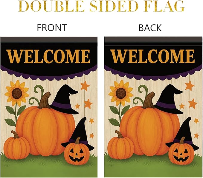 Halloween Fall Garden Flag Pumpkin Witch Hat Flag 12x18 Inch Double-Sided Welcome Yard Banner Autumn Outdoor Decor for Porch Lawn Pathway Jack O Lantern Sunflower Holiday Sign