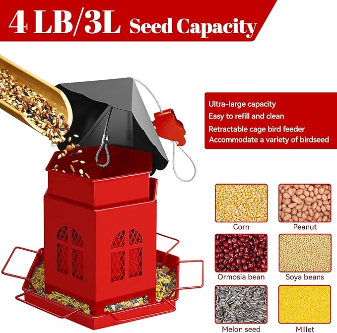 Bird Feeders for Outdoors Hanging, ULENDIS Metal Bird feeders for Outside Attracting Wild Birds, Installation-Free Large Bird Feeder for Garden Cardinal Finch Blue Jay (Red)