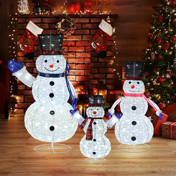 3 Piece Pre-lit Christmas Snowman Family, 270 LED 3D 2ft+3ft+5ft Lighted Snowman for Outdoor Indoor Xmas Decorations