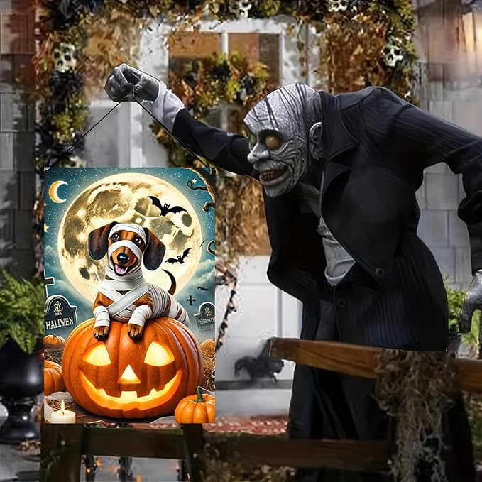 Happy Halloween Garden Flags Ghost Dog Skeleton Dachshund Dog Small Yard Flag for Outdoor Decor 12x18 Inch Vertical Double Sided for Outside Decoration