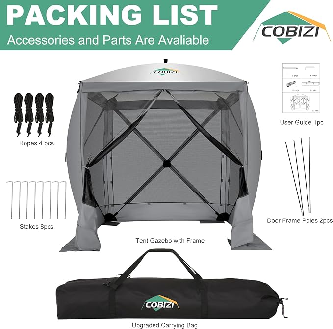 COBIZI 6x6 Pop up Gazebo Tent on Clearance, Ez up Waterproof Screen Tent Screen House with 3 sidewalls,Portable Outdoor Canopy with Carry Bag & Ground Stakes for Camping,Garden and Picnics, Grey