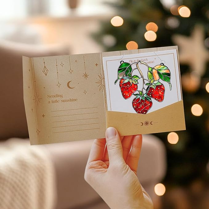 Strawberries Branch Acrylic Suncatcher Stained Glass Effect Window Car Hanging Christmas Ornament Indoor Outdoor Decor Garden Sun Catcher Panel for Berry Lover for Women Mom Grandma